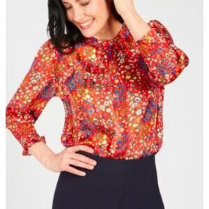 Pretty red collared semi sheer & multi color pattern blouse by Renuan size M